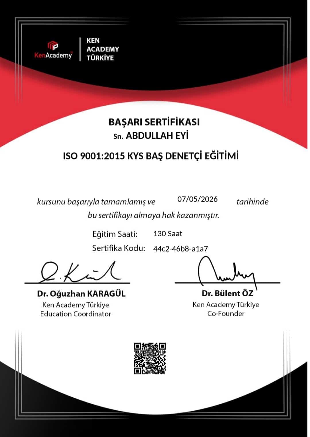 ISO 9001:2015 Kalite Yönetim Sistemi Baş Denetçi Sertifikası