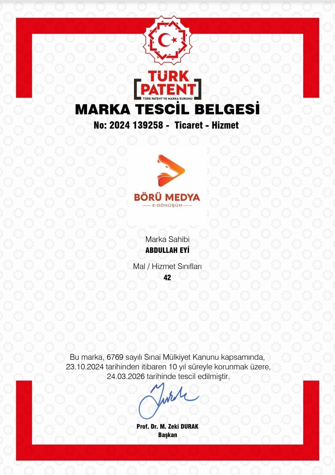 Börü Medya TPMK Marka Tescil Belgesi