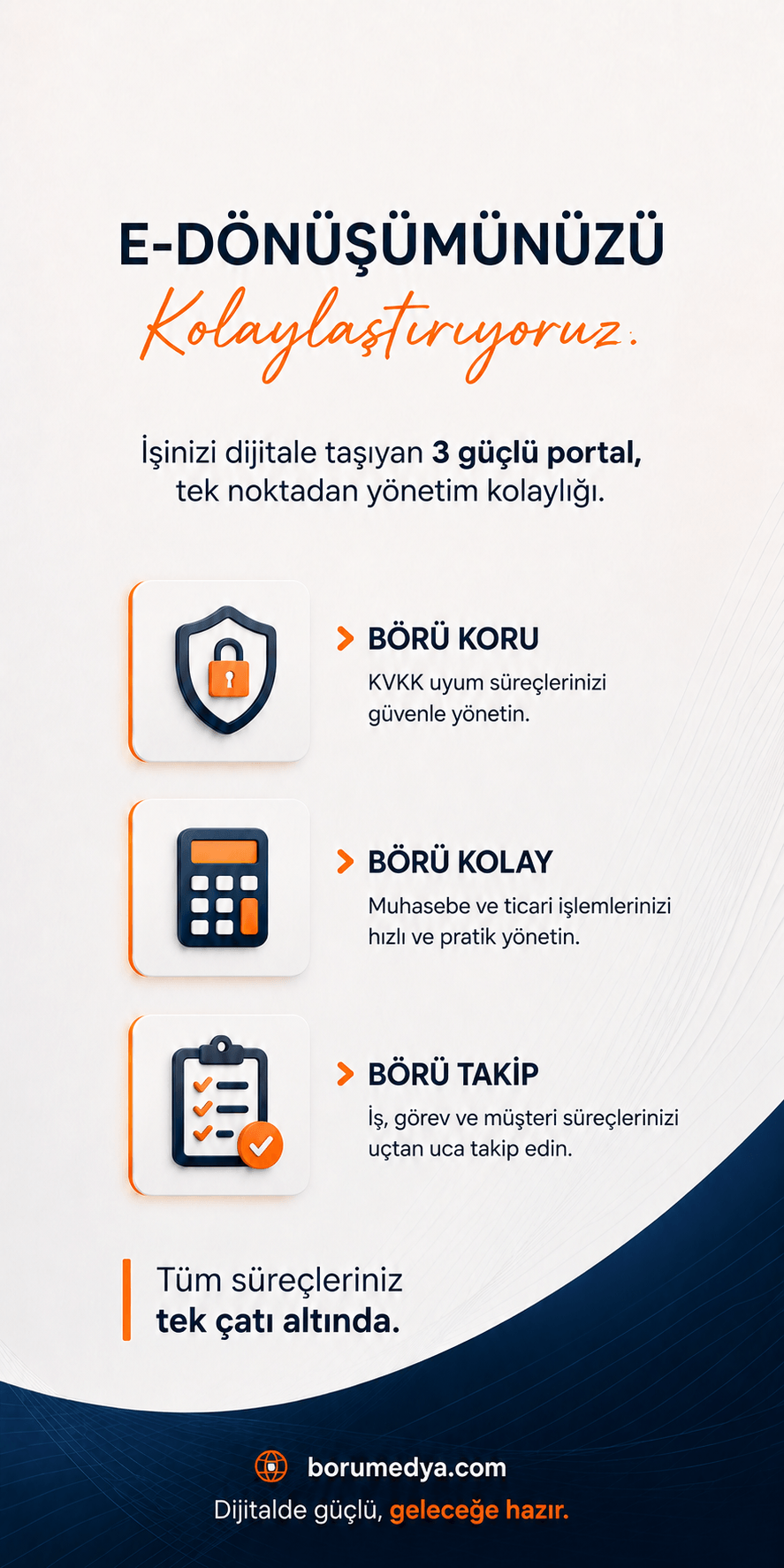 Börü Medya — e-dönüşümünüzü kolaylaştırıyoruz. Börü Koru (KVKK uyumu), Börü Kolay (muhasebe & ticari işlemler) ve Börü Takip (iş & müşteri yönetimi) tek çatı altında.